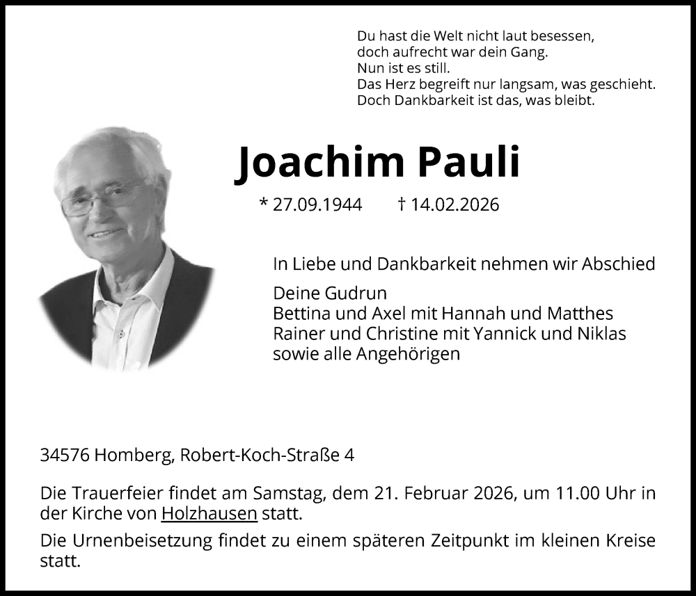  Traueranzeige für Joachim Pauli vom 18.02.2026 aus HNA