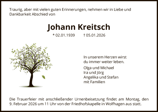 Traueranzeige von Johann Kreitsch von HNA