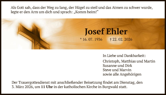 Traueranzeige von Josef Ehler von HNA