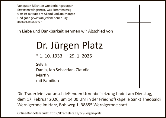 Traueranzeige von Jürgen Platz von HNA