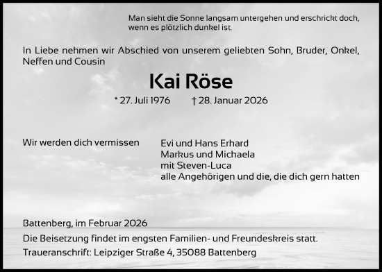 Traueranzeige von Kai Röse von HNA