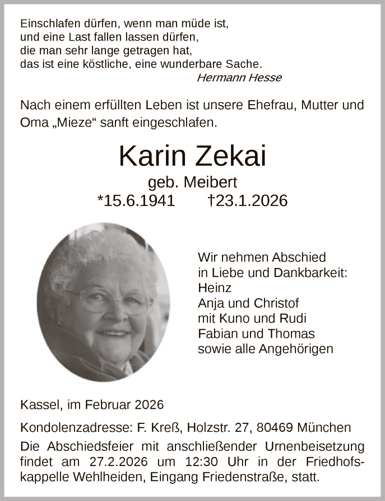  Traueranzeige für Karin Zekai vom 07.02.2026 aus HNA