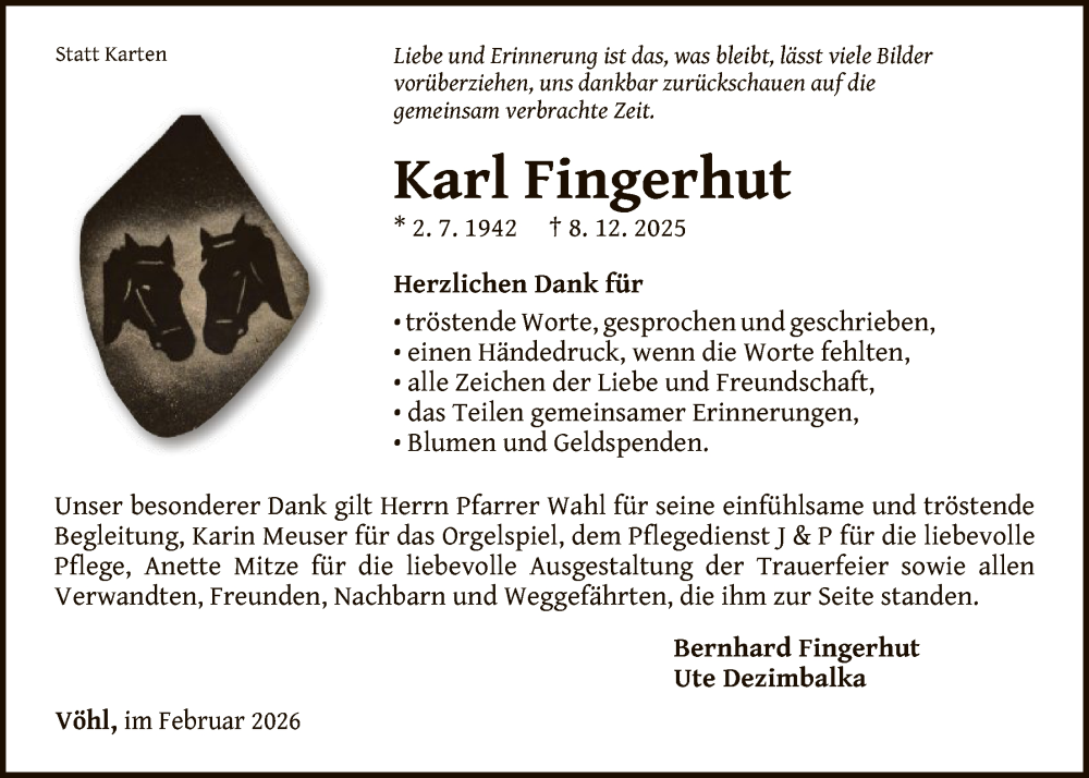  Traueranzeige für Karl Fingerhut vom 21.02.2026 aus WLZHNA
