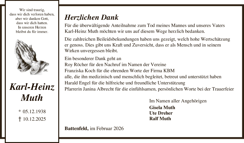  Traueranzeige für Karl-Heinz Muth vom 21.02.2026 aus HNA
