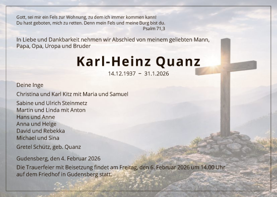 Traueranzeige von Karl-Heinz Quanz von HNA