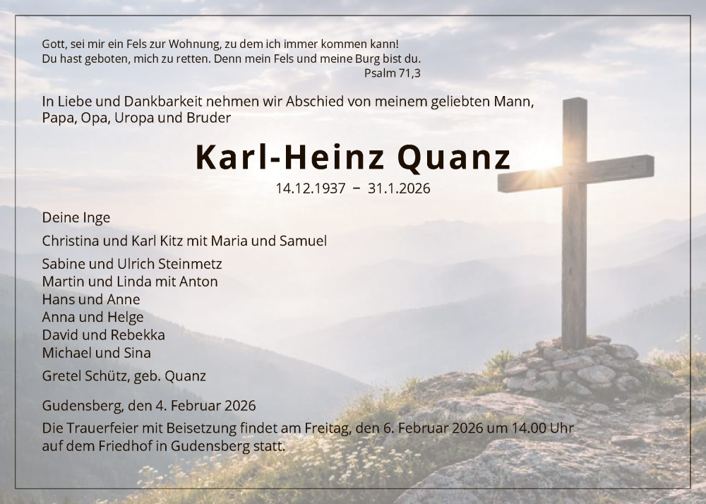  Traueranzeige für Karl-Heinz Quanz vom 04.02.2026 aus HNA