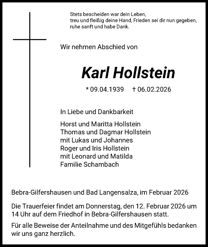 Traueranzeige für Karl Hollstein vom 10.02.2026 aus HNAHZ