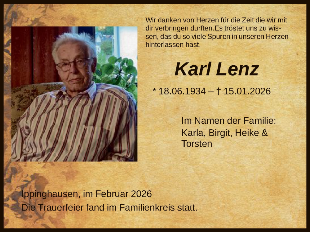  Traueranzeige für Karl Lenz vom 07.02.2026 aus HNA