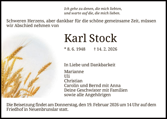 Traueranzeige von Karl Stock von HNAHNA