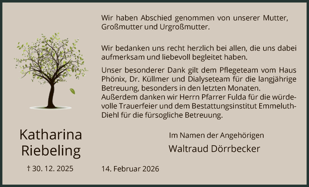  Traueranzeige für Katharina Riebeling vom 14.02.2026 aus HNA