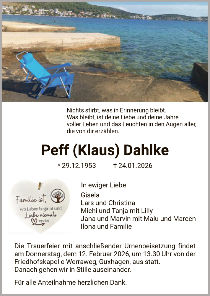  Traueranzeige für Klaus Dahlke vom 09.02.2026 aus HNA