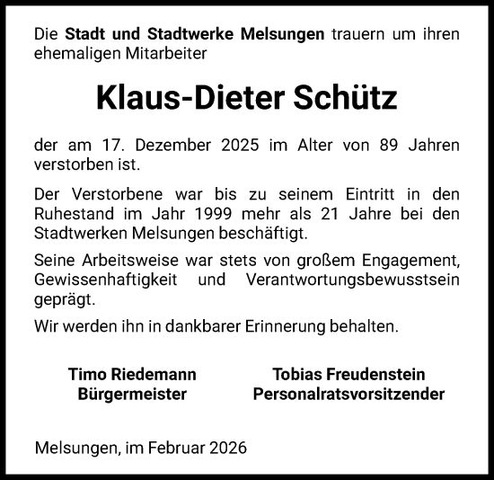 Traueranzeige von Klaus-Dieter Schütz von HNA