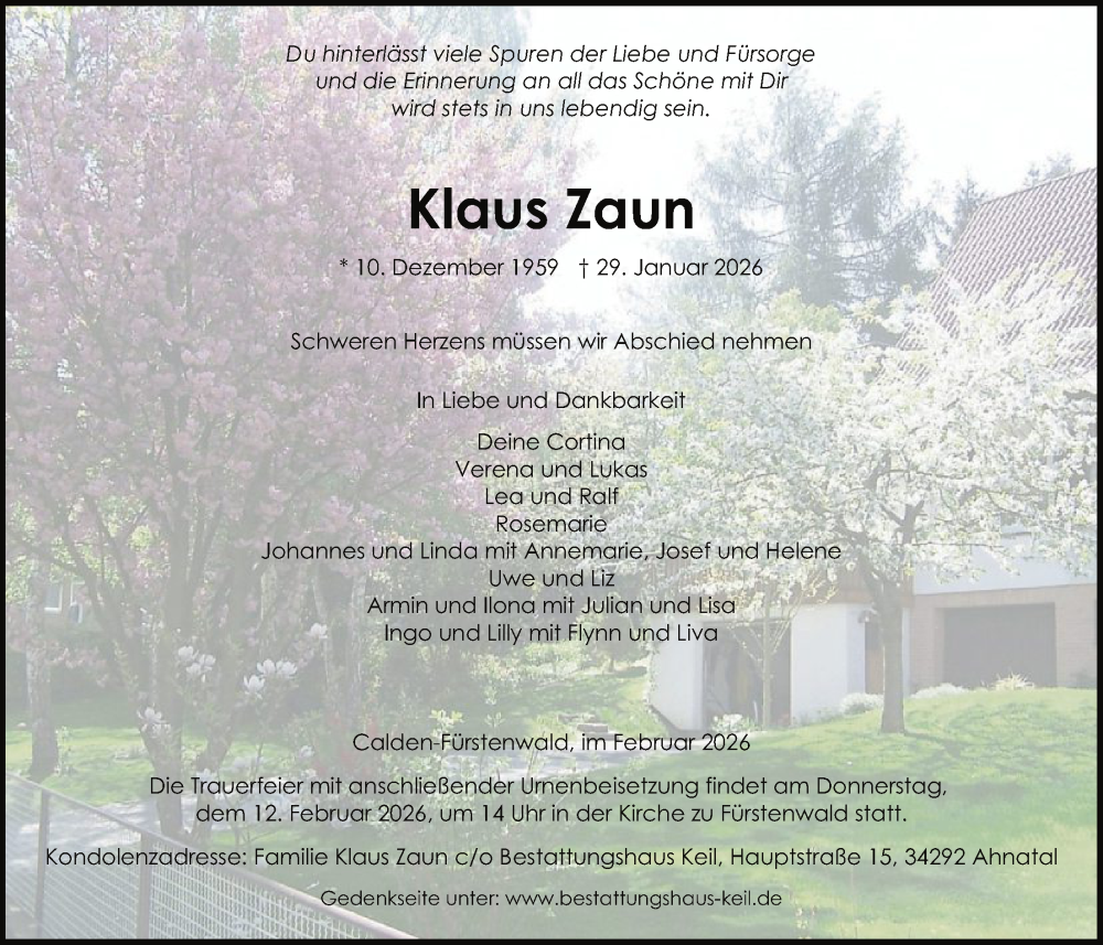  Traueranzeige für Klaus Zaun vom 07.02.2026 aus HNAHNA