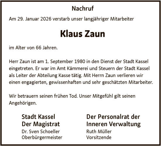 Traueranzeige von Klaus Zaun von HNA