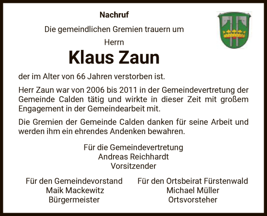 Traueranzeige von Klaus Zaun von HNAHNA