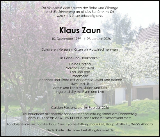 Traueranzeige von Klaus Zaun von HNAHNA