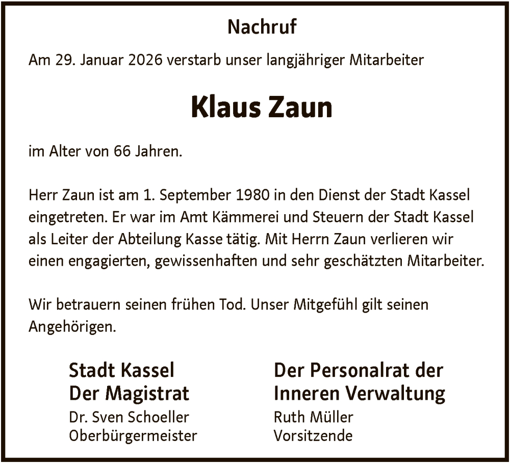  Traueranzeige für Klaus Zaun vom 07.02.2026 aus HNA