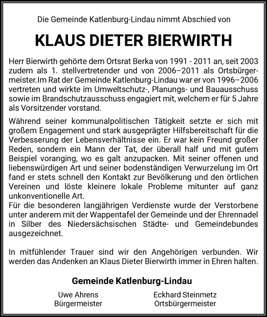 Traueranzeige von Klaus Dieter Bierwirth von HNA