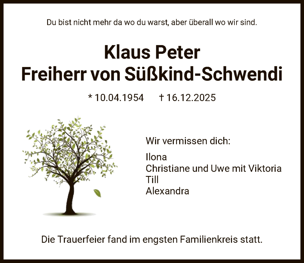  Traueranzeige für Klaus Peter Freiherr von Süßkind-Schwendi vom 07.02.2026 aus HNA