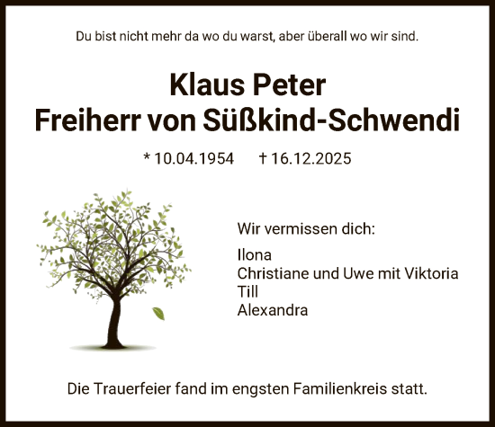 Traueranzeige von Klaus Peter Freiherr von Süßkind-Schwendi von HNA