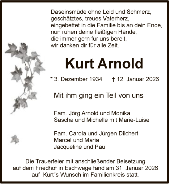 Traueranzeige von Kurt Arnold von WRSHNA