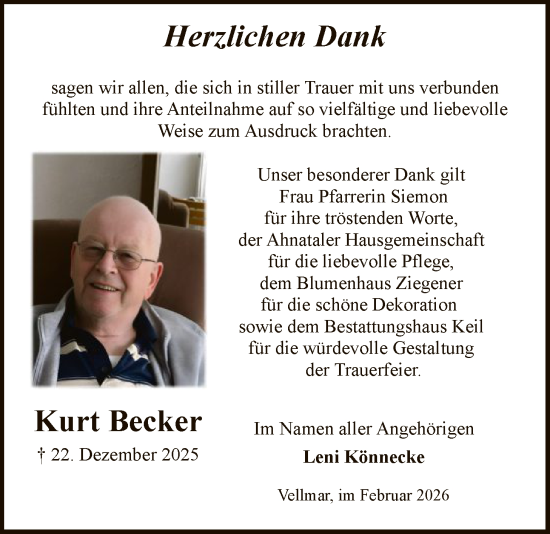 Traueranzeige von Kurt Becker von HNA