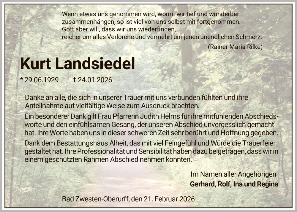  Traueranzeige für Kurt Landsiedel vom 21.02.2026 aus HNA