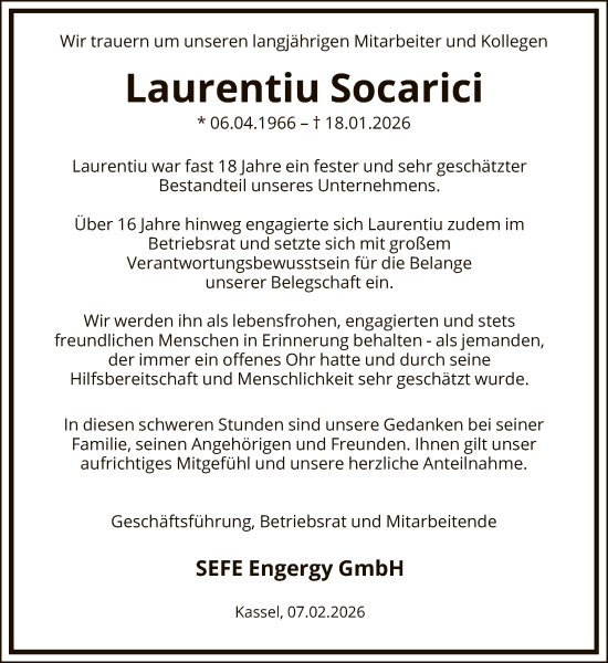 Traueranzeige von Laurentiu Socarici von HNA