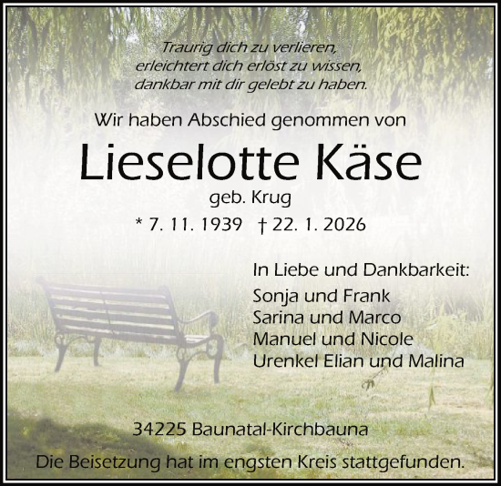 Traueranzeige von Lieselotte Käse von HNA