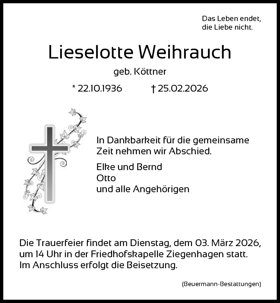  Traueranzeige für Lieselotte Weihrauch vom 28.02.2026 aus HNA