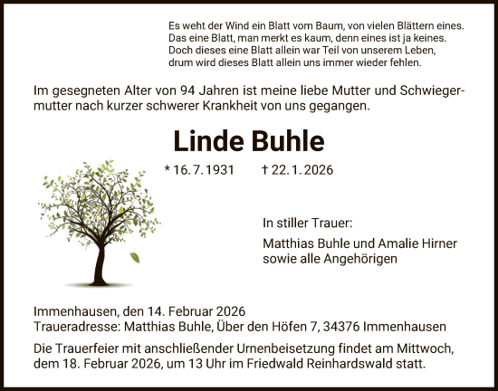 Traueranzeige von Linde Buhle von HNA