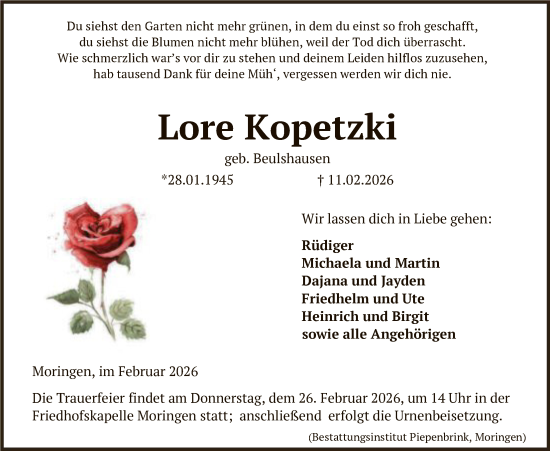 Traueranzeige von Lore Kopetzki von HNA