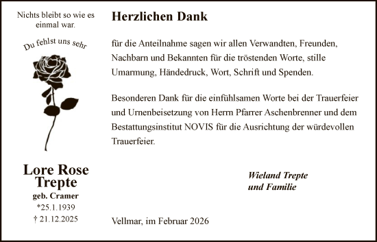 Traueranzeige von Lore Rose Trepte von HNAHNA