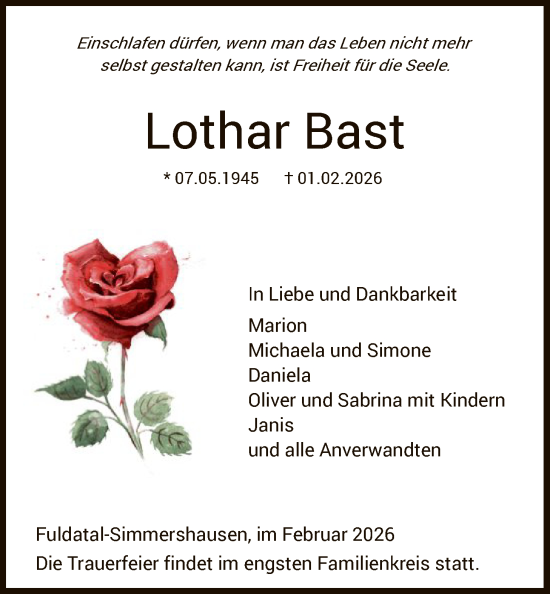 Traueranzeige von Lothar Bast von HNA