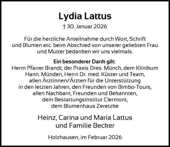 Traueranzeige von Lydia Lattus von HNA