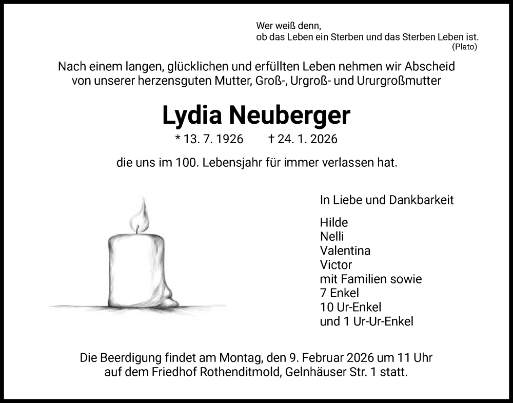  Traueranzeige für Lydia Neuberger vom 07.02.2026 aus HNA
