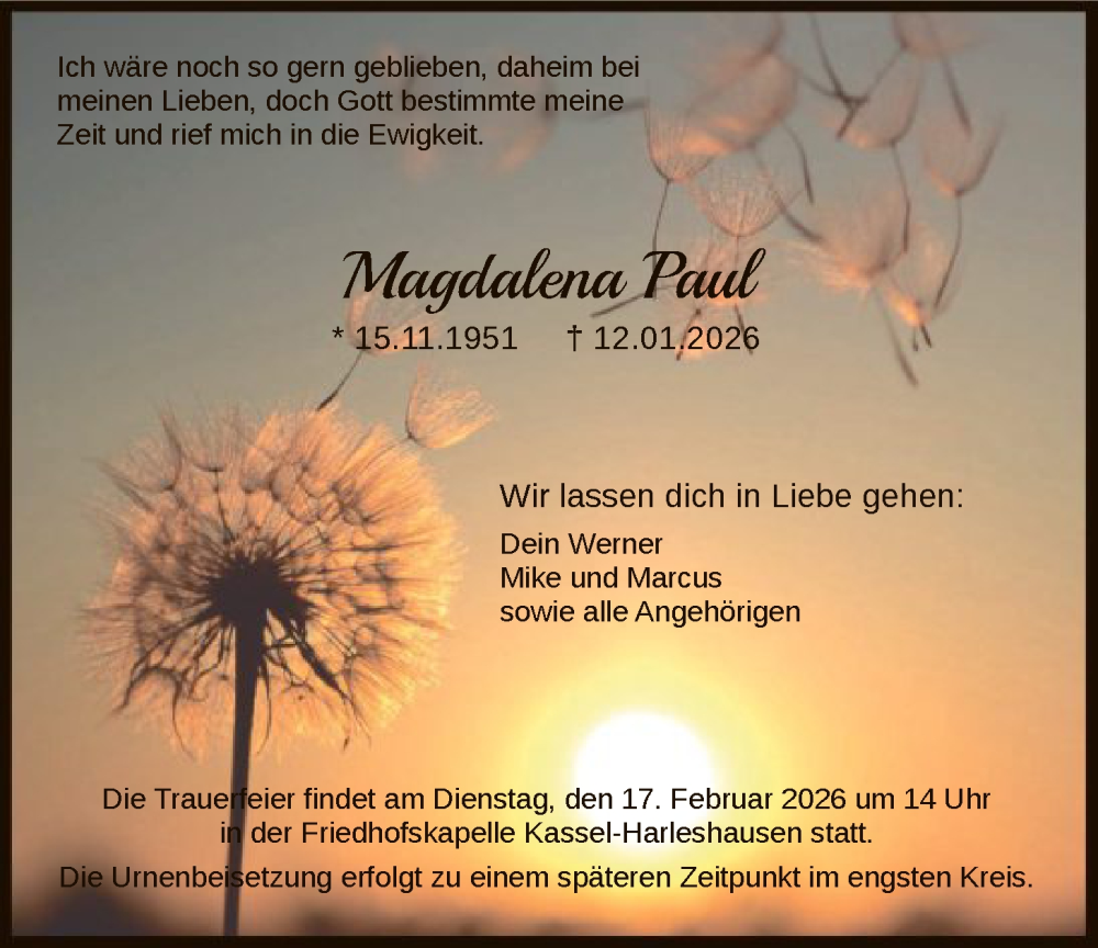  Traueranzeige für Magdalena Paul vom 07.02.2026 aus HNA