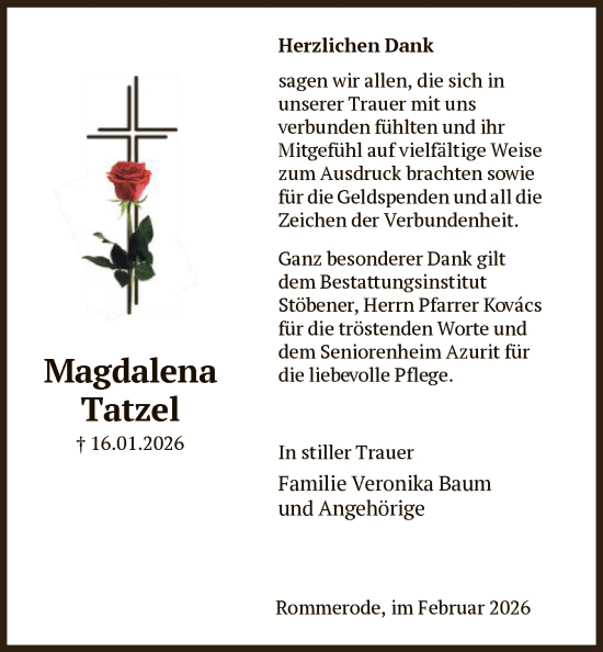 Traueranzeige von Magdalena Tatzel von HNA