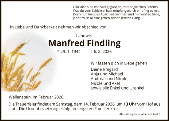 Traueranzeige von Manfred Findling von HNA