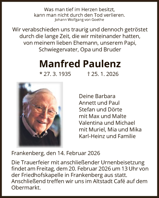 Traueranzeige von Manfred Paulenz von HNA