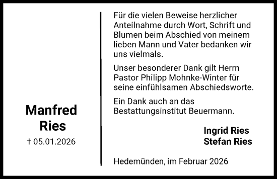 Traueranzeige von Manfred Ries von HNA