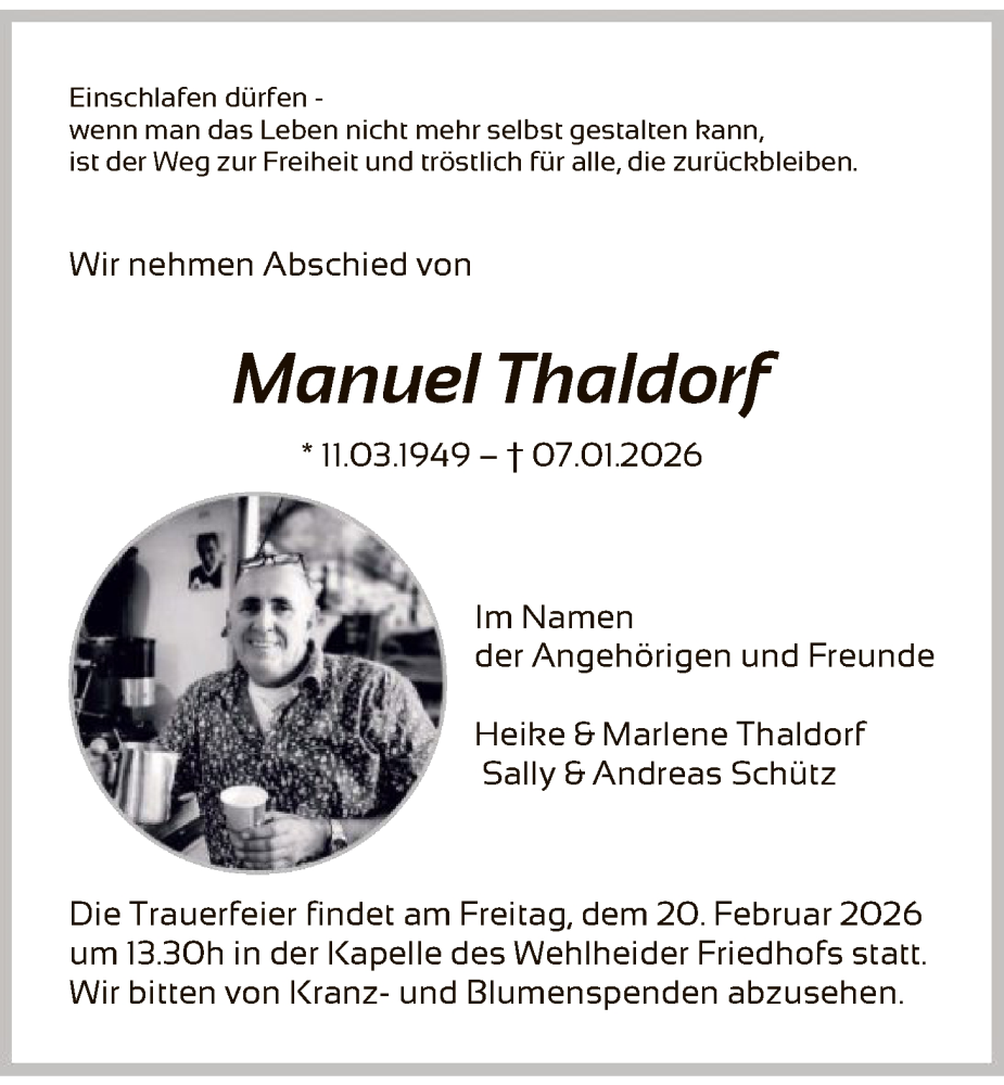  Traueranzeige für Manuel Thaldorf vom 07.02.2026 aus HNA