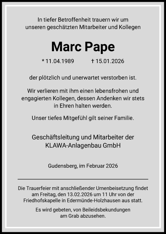 Traueranzeige von Marc Pape von HNA