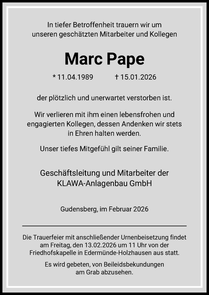  Traueranzeige für Marc Pape vom 07.02.2026 aus HNA