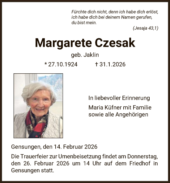 Traueranzeige von Margarete Czesak von HNA