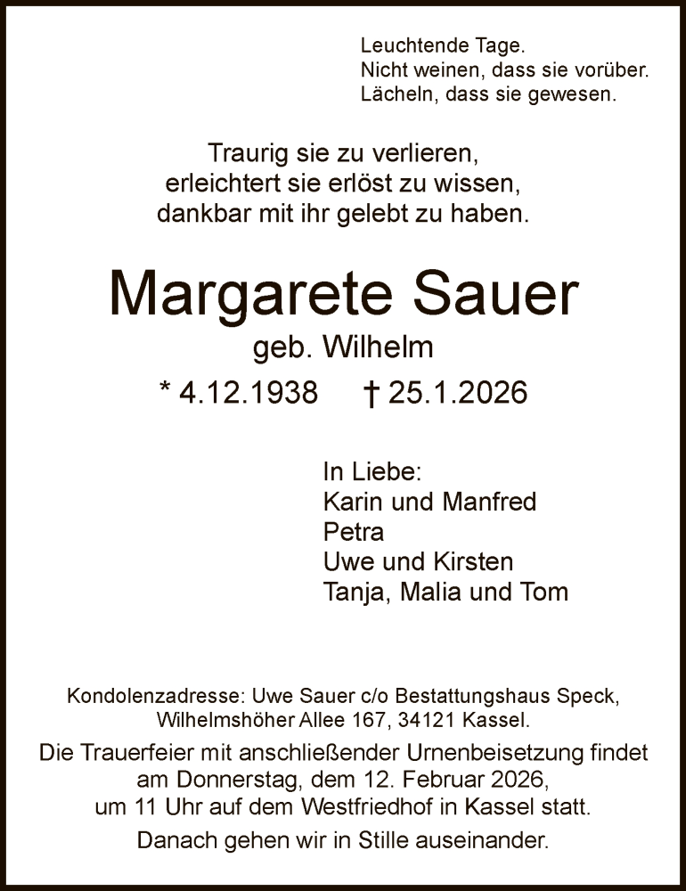  Traueranzeige für Margarete Sauer vom 07.02.2026 aus HNA