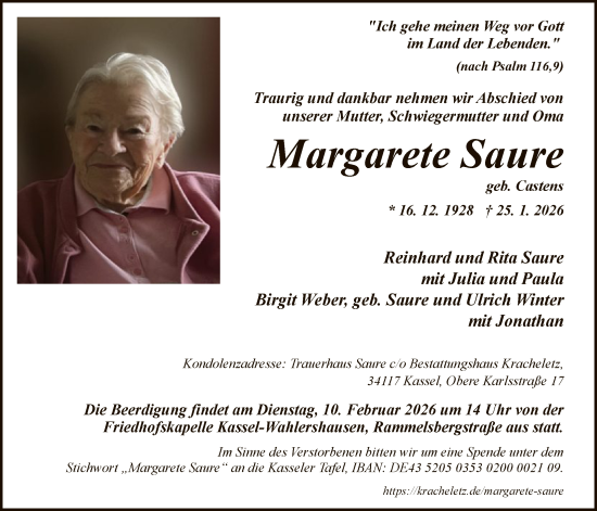 Traueranzeige von Margarete Saure von HNA