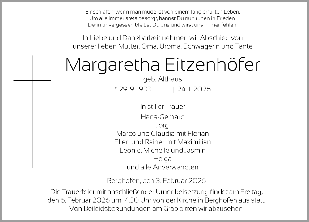  Traueranzeige für Margaretha Eitzenhöfer vom 03.02.2026 aus HNA