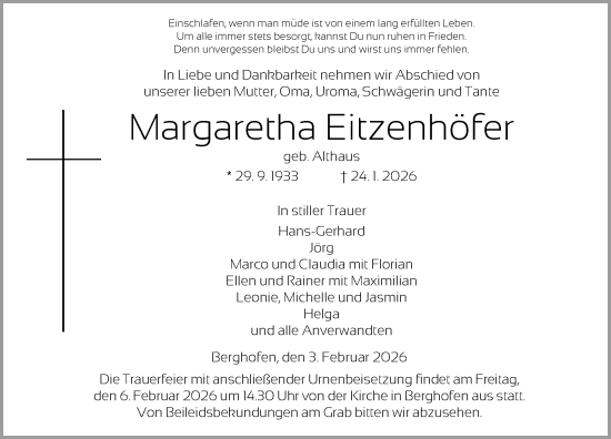Traueranzeige von Margaretha Eitzenhöfer von HNA
