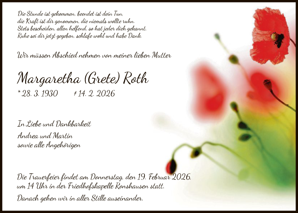 Traueranzeige für Margaretha Roth vom 18.02.2026 aus HNA